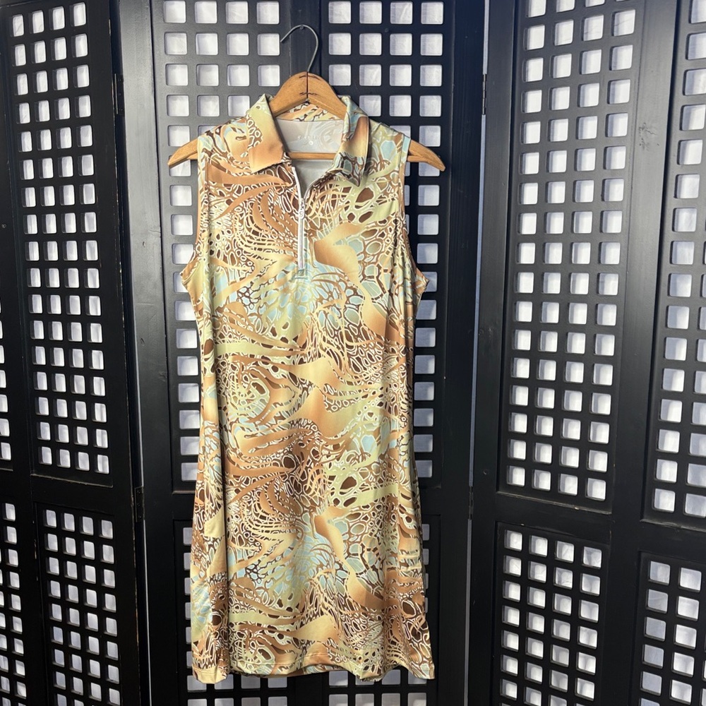 💙 Sofibella Sleeveless Knit Dress Large Blue Print Flowy Pockets Stretch 💙